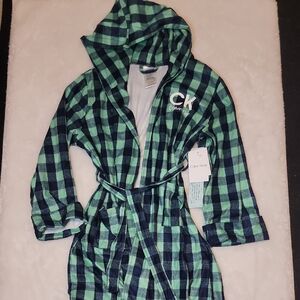 NWT Kids Calvin Klein Plaid Hooded Robe - Green and Navy. Medium.